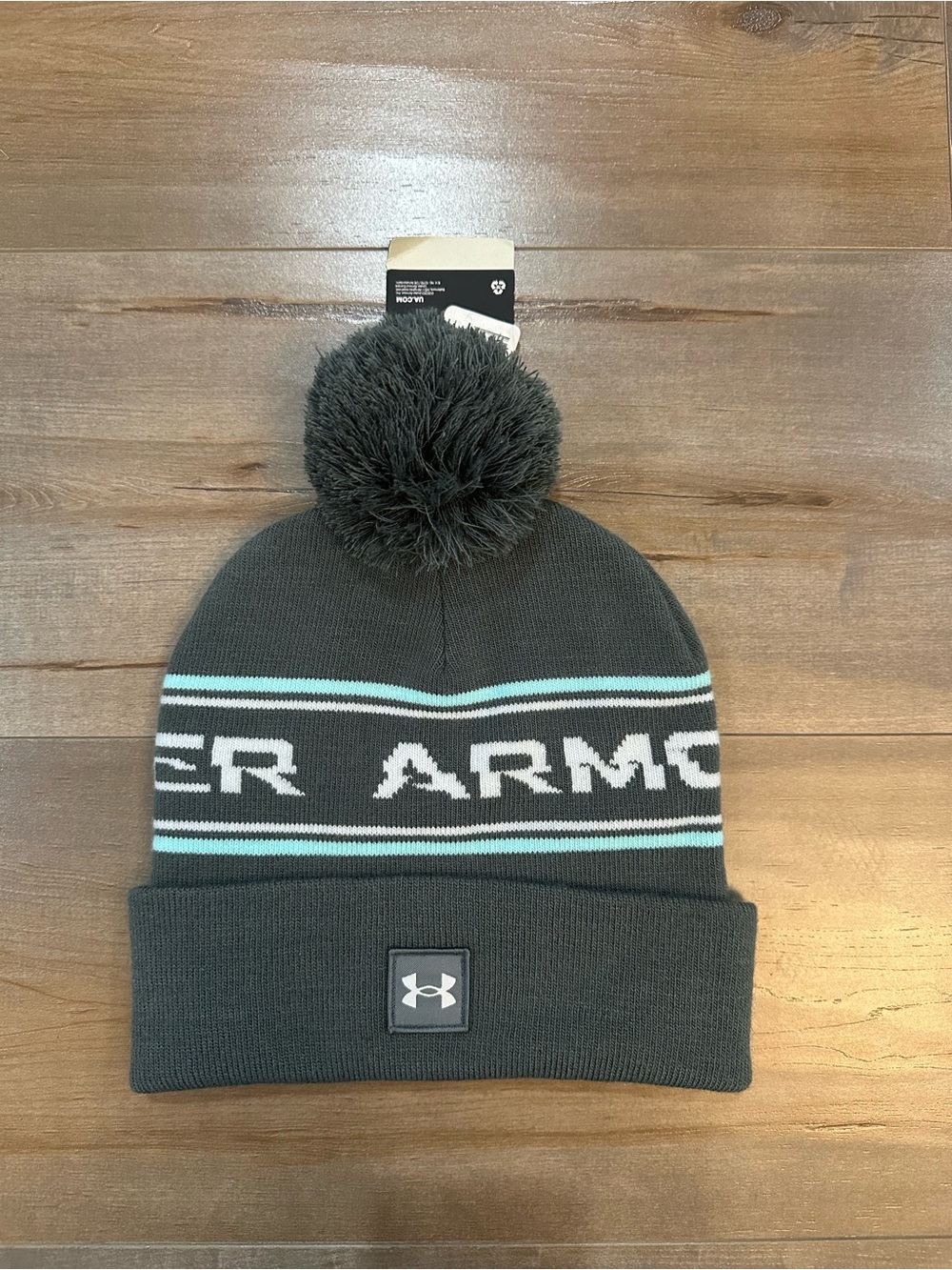 Under Armour Kids Black Pom Beanie with Mint and White Stripes